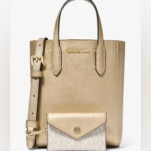 Michael Kors Vincent Pale Gold Embossed Logo Crossbody Bag Cardholder NWT